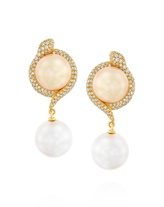 Pearl Earrings Set With Diamonds In 18K Yellow Gold