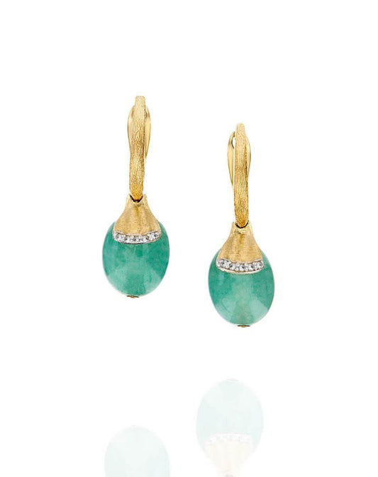 Yellow Gold Drop Earrings with Green Aventurine and Pave Diamond Accents - SMALL