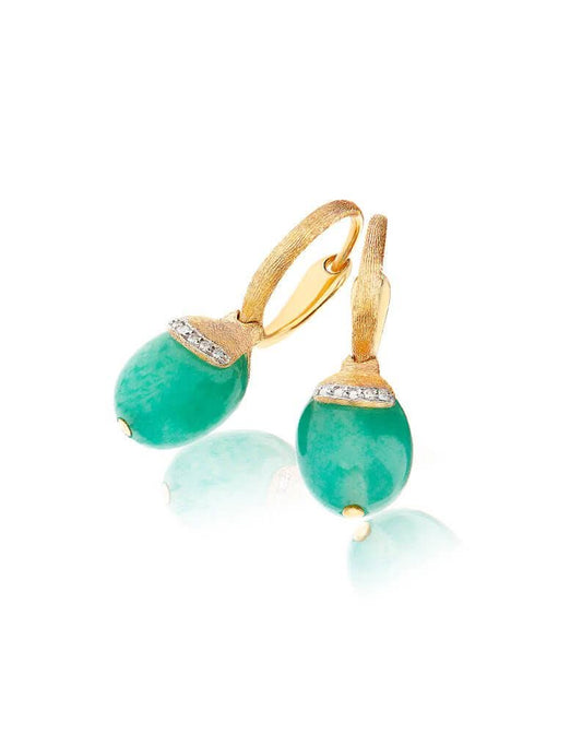 Yellow Gold Drop Earrings with Green Aventurine and Pave Diamond Accents - SMALL