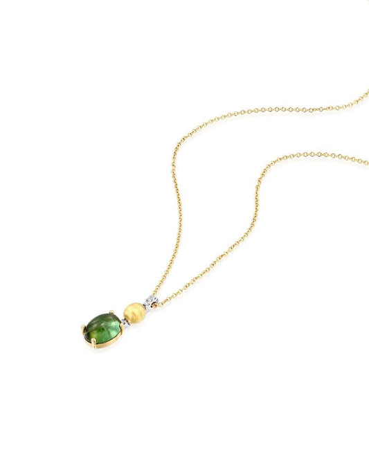 Yellow Gold Necklace with Green Tourmaline and Diamond Pendant - Small