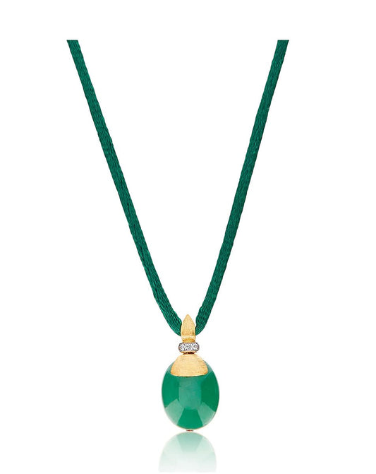 Yellow Gold Pendant Necklace with Green Aventurine and Diamond Details - MEDIUM