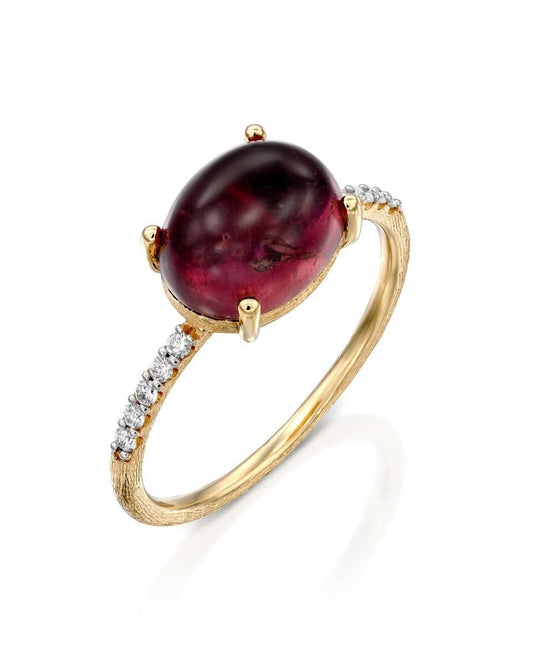 Yellow Gold Ring with Red Tourmaline and Diamond - LARGE