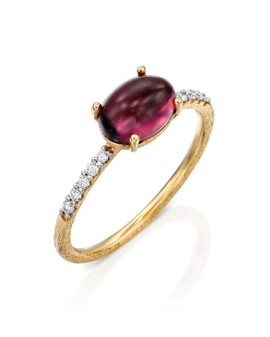 Yellow Gold Ring with Red Tourmaline and Diamond - MEDIUM