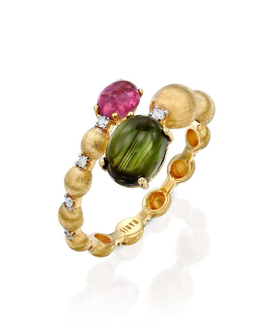 Yellow Gold Ring with Green and Pink Tourmalines and Diamonds
