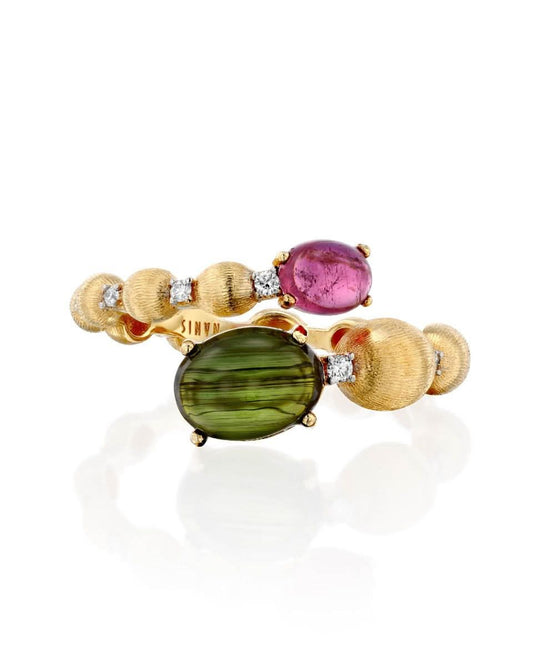 Yellow Gold Ring with Green and Pink Tourmalines and Diamonds