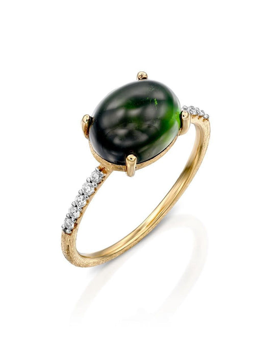 Yellow Gold Ring with Green Tourmaline and Diamonds - LARGE