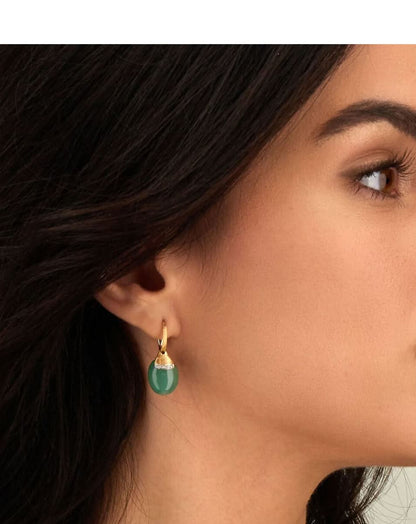 Yellow Gold Drop Earrings with Green Aventurine and Pave Diamond Accents - LARGE